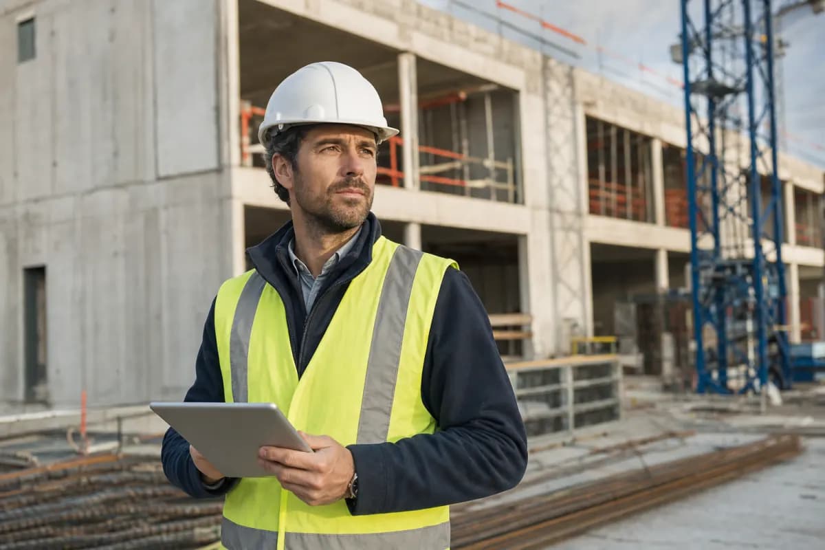 Chef de chantier avec casque et gilet sur un chantier de construction