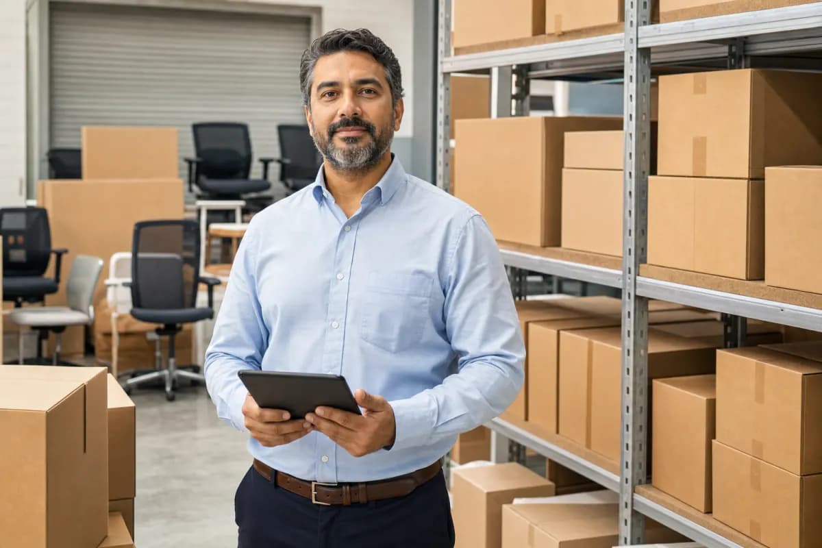 Professionnel dans un espace de stockage de mobilier et fournitures