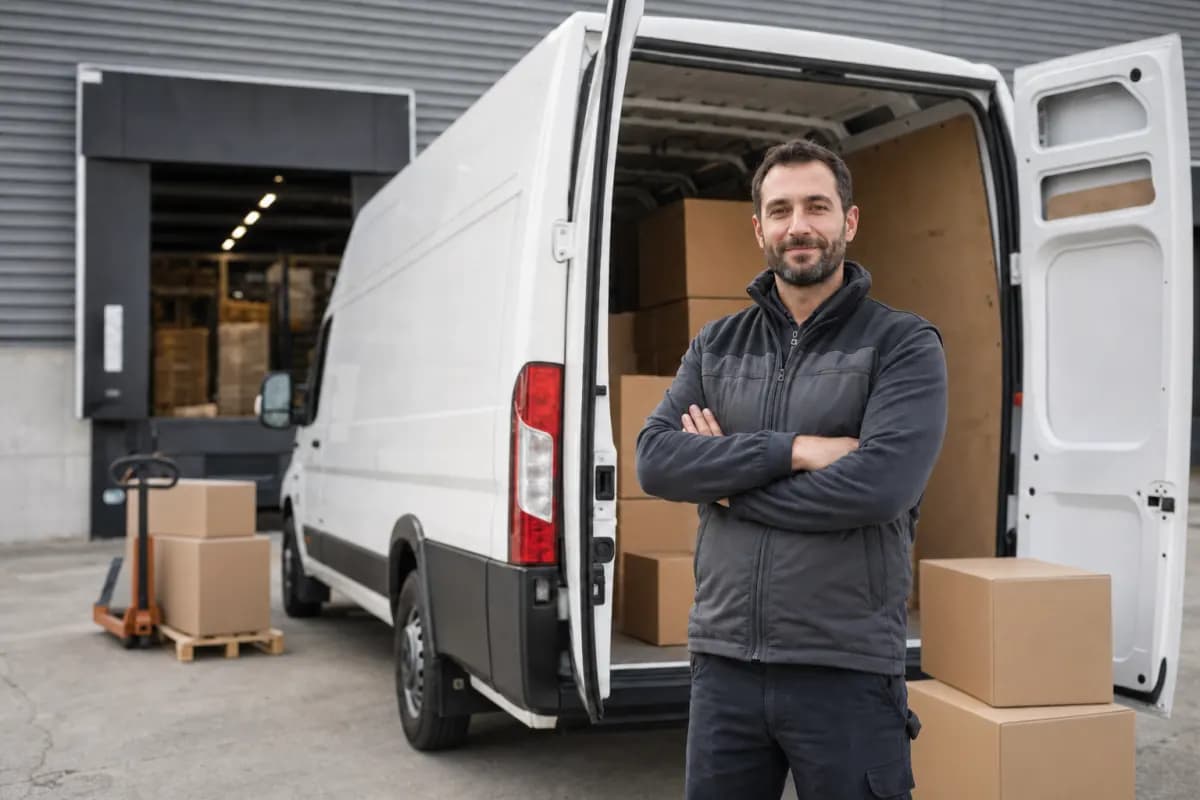 Professionnel de la logistique devant un véhicule utilitaire et des colis